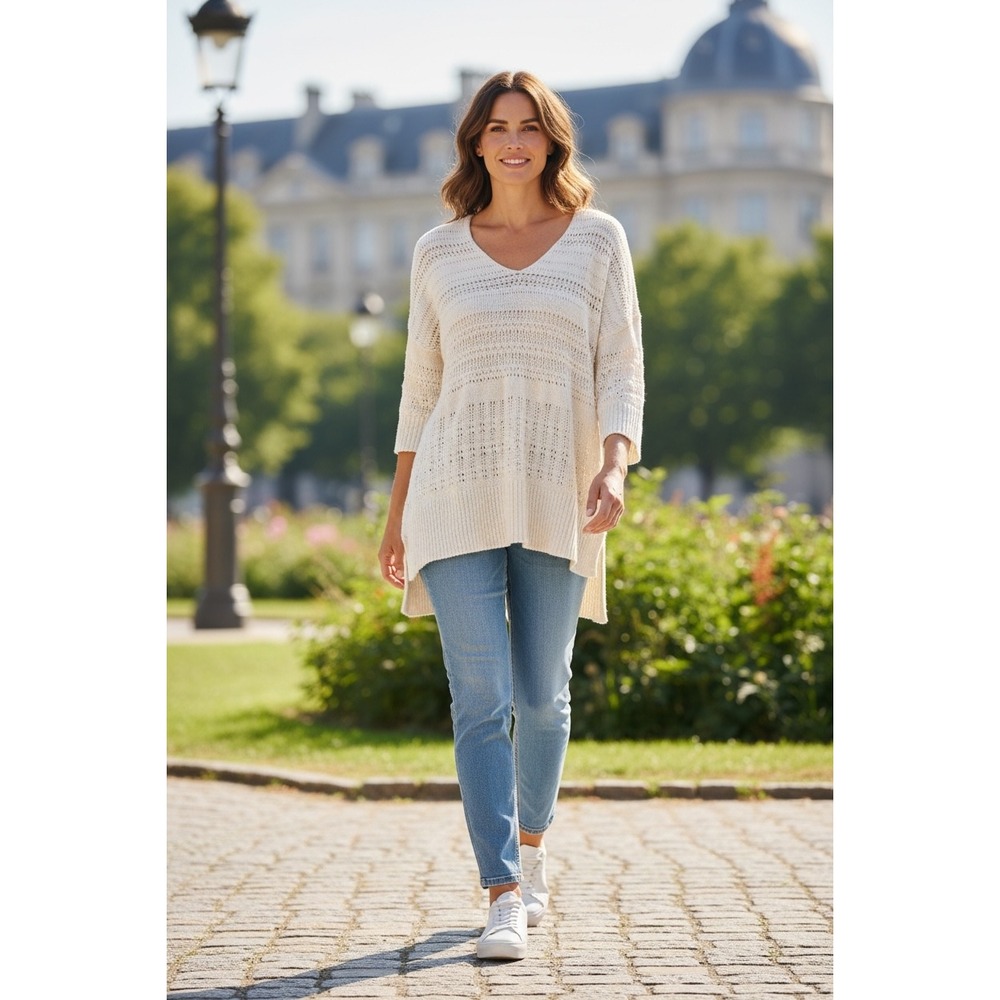 Free People Cream Crochet Knit V Neck Tunic Chunky Sweater Oversized Boho Size S